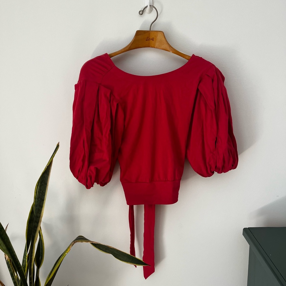 Express Size L Women Crew Neck Puff Sleeve Tie Back Tee